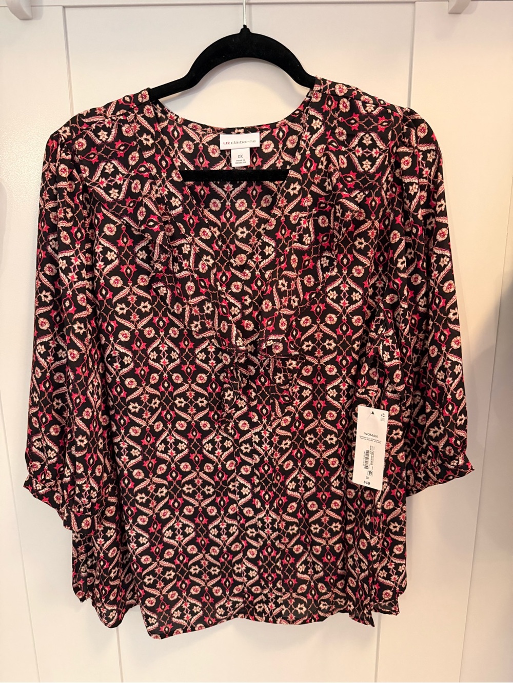 Liz Claiborne Black Blouse with Pink & Cream Geometric Floral Print